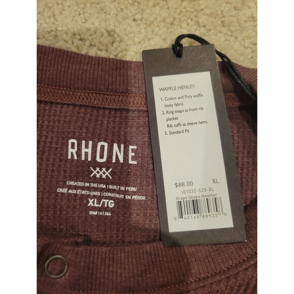 NWT Rhone Waffle Henley Long Sleeve Men's Shirt XLarge Grape Shake Heather Snaps - Picture 7 of 8